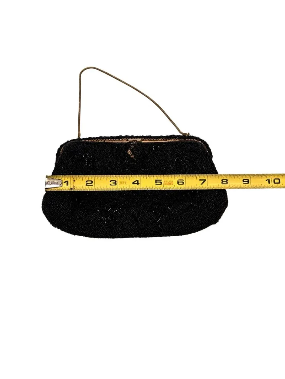 Vintage 1930's Black Seed-Beaded Scrollwork Evening Bag Hand Made in France Gold